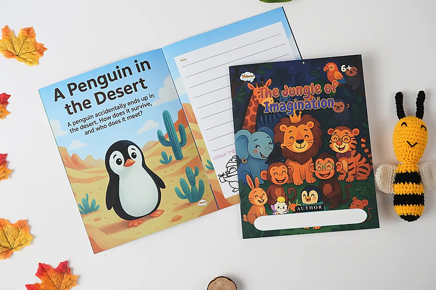 A Penguin in the Desert story prompt beside its blank writing page and colouring illustration